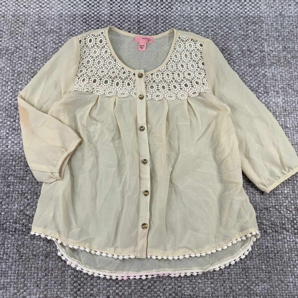Monteau Girl Blouse Girls 10/12 M Cream Crochet Lace Pom Pom Boho Button Down